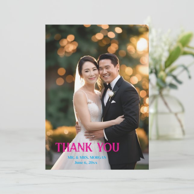Minimalist Simple Script with Heart Wedding Photo Thank You Card (Standing Front)