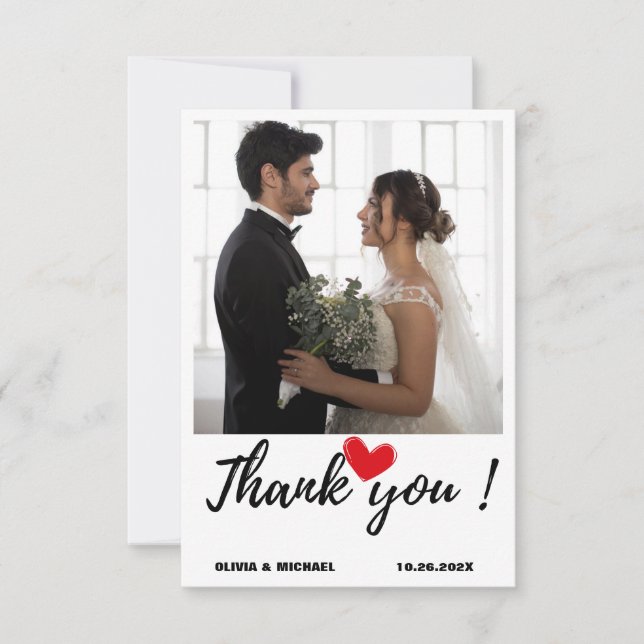 Minimalist Simple Script with Heart Wedding Photo  Thank You Card (Front)