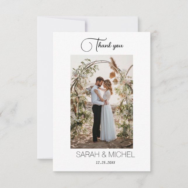 Minimalist Simple Script with Heart Wedding Photo  Thank You Card (Front)