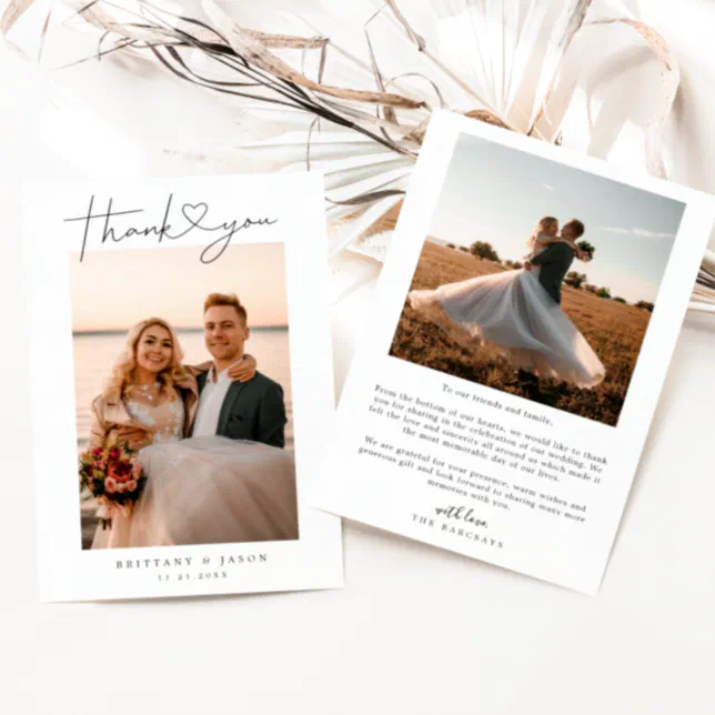 Minimalist Simple Script with Heart Wedding Photo Thank You Card | Zazzle