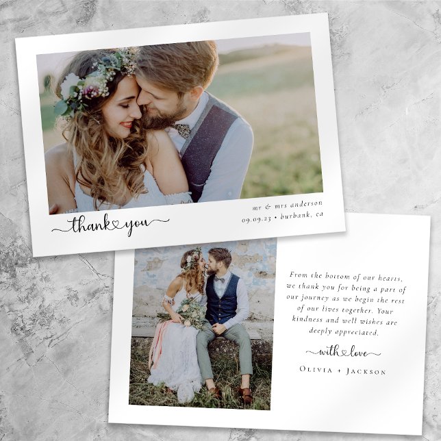 Minimalist Simple Script with Heart Wedding Photo  Thank You Card (Creator Uploaded)
