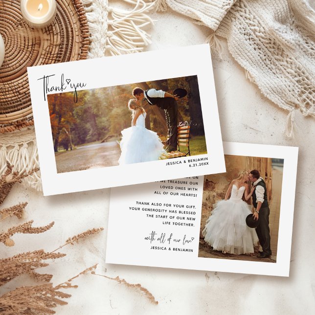 Minimalist Simple Script with Heart Wedding Photo  Thank You Card (Creator Uploaded)