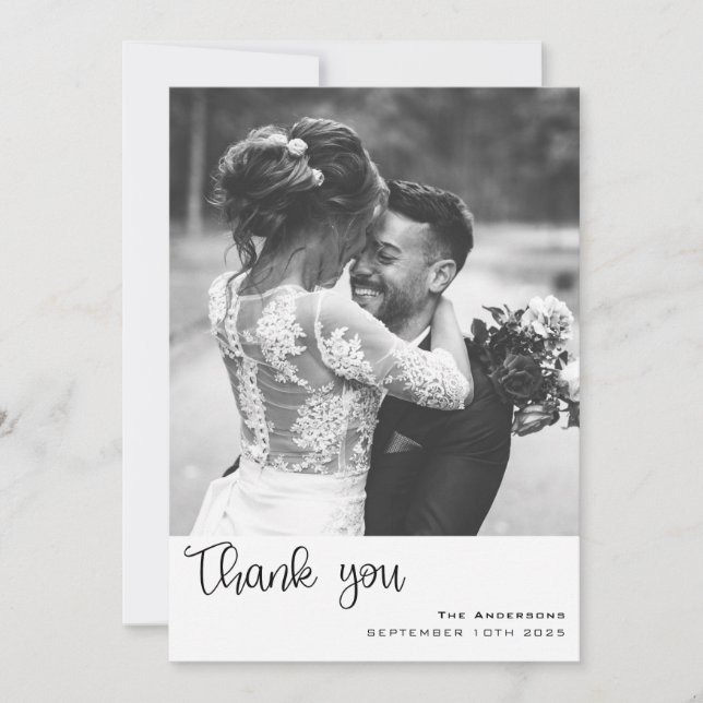 Minimalist Simple Script with Wedding Photo  Thank Thank You Card (Front)