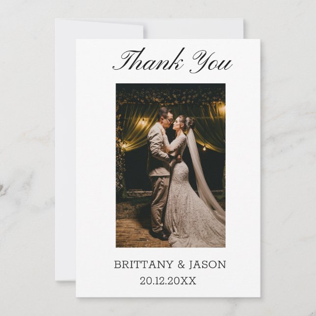 Minimalist Simple Script with wedding photo Thank You Card (Front)