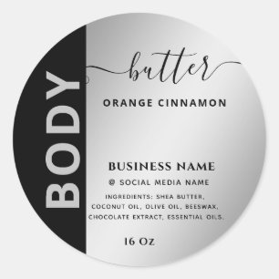 Minimalist simple silver black script body butter classic round sticker