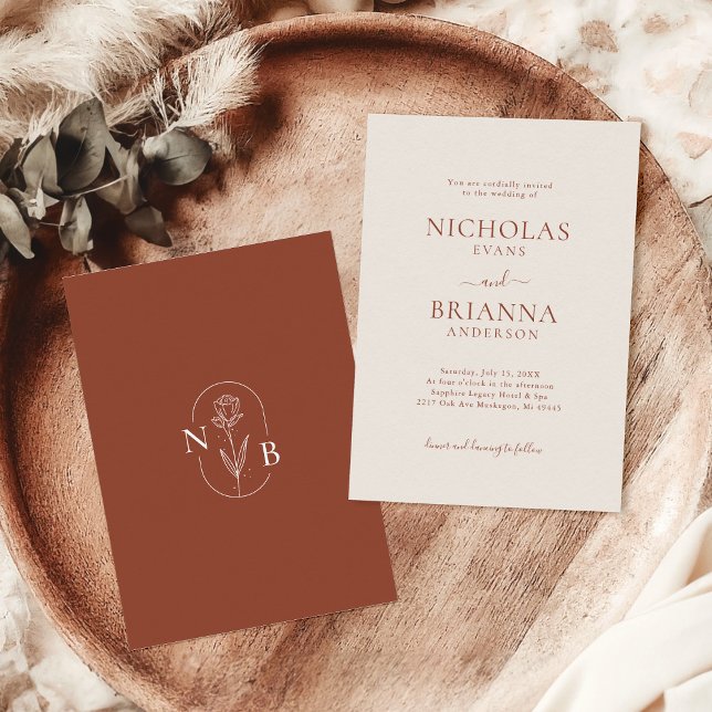 Minimalist Simple Terracotta Boho Wedding Monogram Invitation (Creator Uploaded)