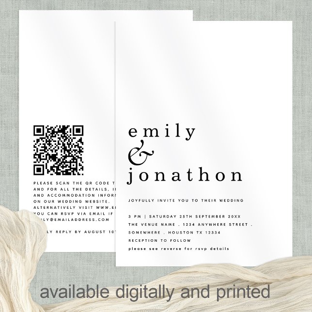 Minimalist Simple Text QR Code Any Colour Wedding  Invitation (Front and back view. Available printed or as a digital download)
