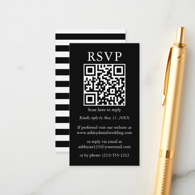 Minimalist Simple Wedding Black Stripes QR RSVP Enclosure Card (Front/Back In Situ)