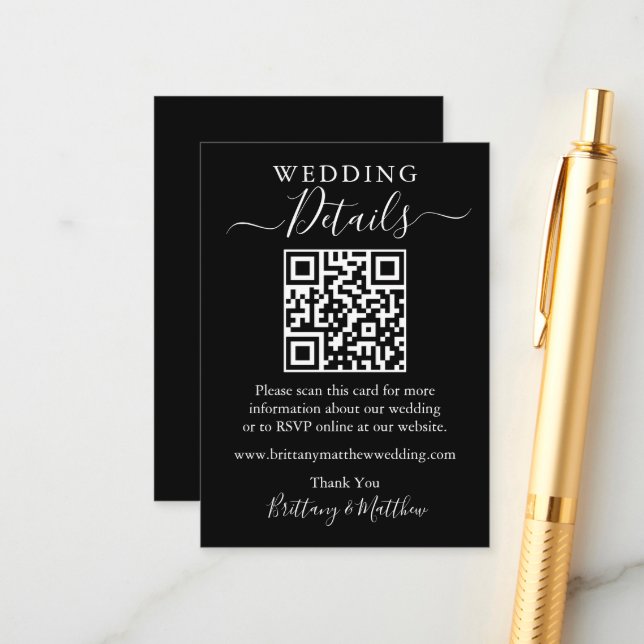 Minimalist Simple Wedding Details Website QR Black Enclosure Card (Front/Back In Situ)
