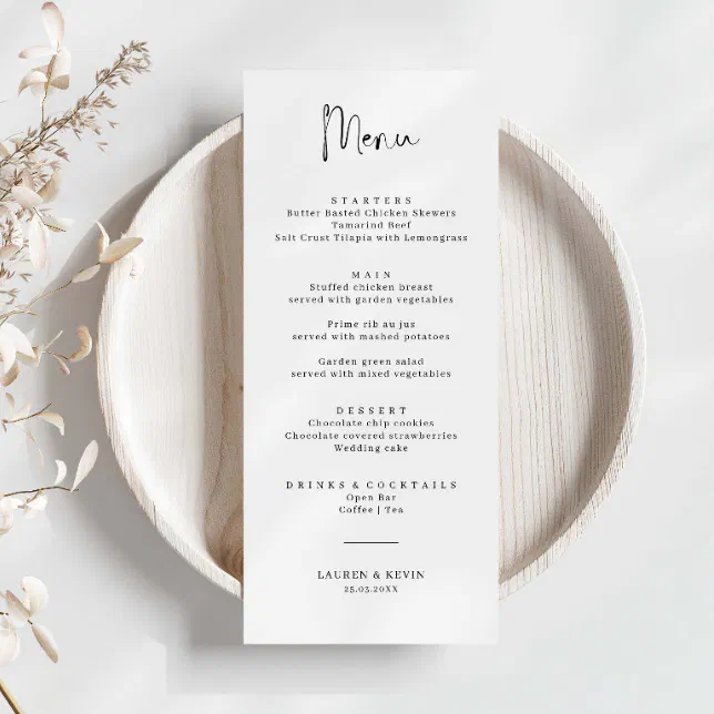 Minimalist Simple Wedding Menu Card | Zazzle