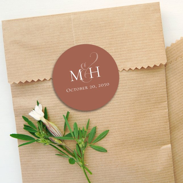Minimalist Simple Wedding Monogram Terracotta Classic Round Sticker (Creator Uploaded)