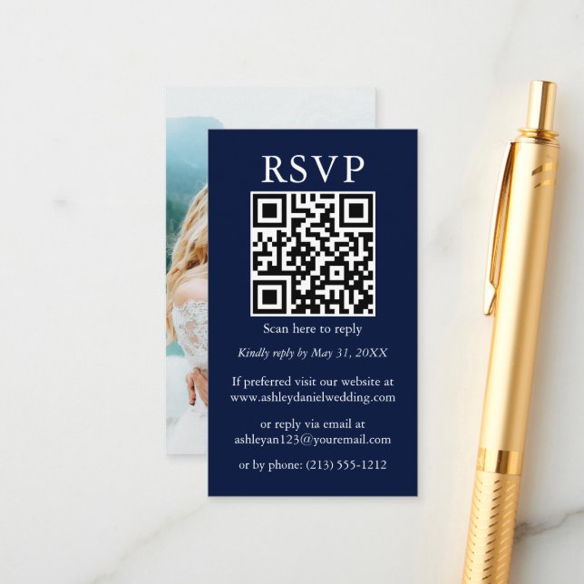 Minimalist Simple Wedding QR Photo Blue RSVP Enclosure Card (Front/Back In Situ)