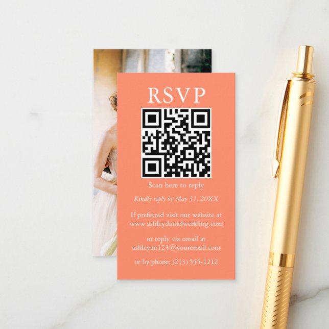 Minimalist Simple Wedding QR Photo Coral RSVP Enclosure Card (Front/Back In Situ)