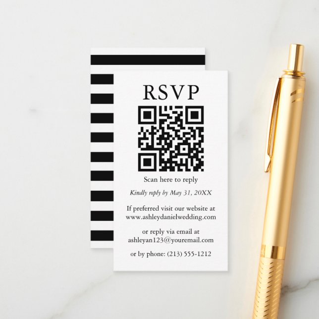 Minimalist Simple Wedding QR RSVP Black Stripes Enclosure Card (Front/Back In Situ)