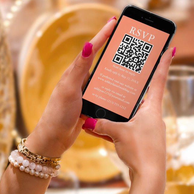 Minimalist Simple Wedding QR RSVP Coral Card (Creator Uploaded)