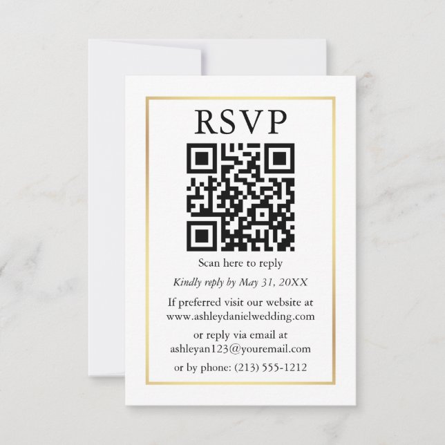 Minimalist Simple Wedding QR RSVP Gold Frame Card (Front)