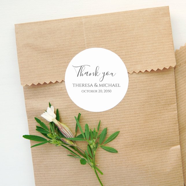 Minimalist Simple Wedding Thank You Template Classic Round Sticker (Elegant wedding black and white sticker label.)