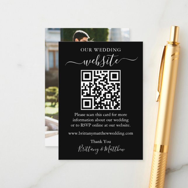 Minimalist Simple Wedding Website Photo QR Black Enclosure Card (Front/Back In Situ)