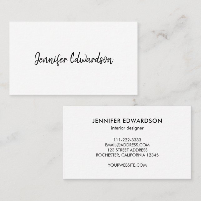Minimalist simple white professional handwritten business card (Front/Back)