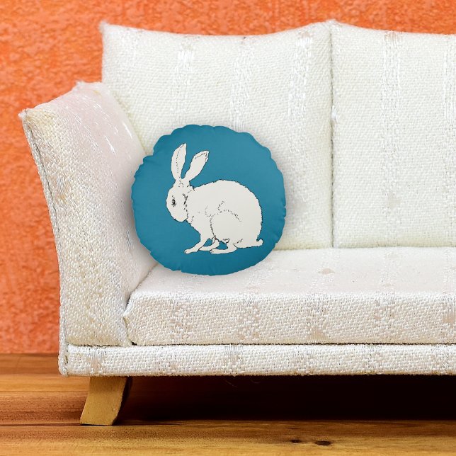Minimalist Sitting White Rabbit side Profile Blue Round Cushion (Pretty fuzzy white sitting bunny rabbit on dark blue round throw decorative pillow.)