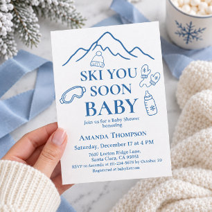 Minimalist Ski You Soon Blue Boy Baby Shower Invitation