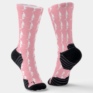 Minimalist Skiers Winter Pattern Pink White Socks
