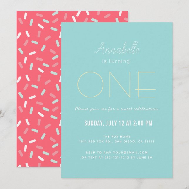 Minimalist Sky Blue x Red Girl 1st Birthday Invitation (Front/Back)