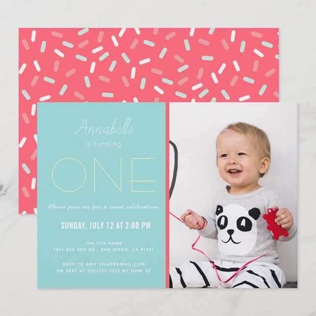 Minimalist Sky Blue x Red Girl Photo 1st Birthday Invitation (Front/Back)