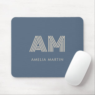 Minimalist Slate Blue and Sand Beige Monogram Mouse Mat