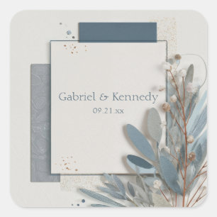 Minimalist Slate Blue Felt Leaf Geometric Wedding Square Sticker