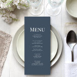 Minimalist Slate Blue Monogram Wedding Menu Card<br><div class="desc">Enhance your wedding tablescape with our Minimalist Slate Blue Monogram Wedding Menu Card. Featuring the menu on one side and delicate monograms on the other against a serene slate blue background. This card adds a touch of minimalist elegance to your reception decor.</div>