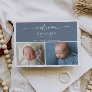 Minimalist Slate Blue Photo Baby Announcement Card