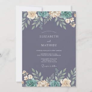 Minimalist Slate Purple Leafy Wedding Invitation