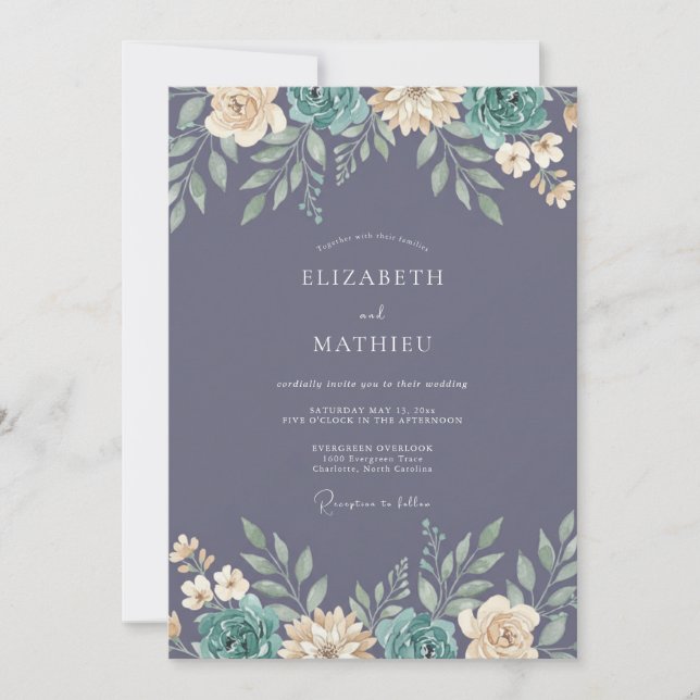Minimalist Slate Purple Leafy Wedding Invitation (Front)