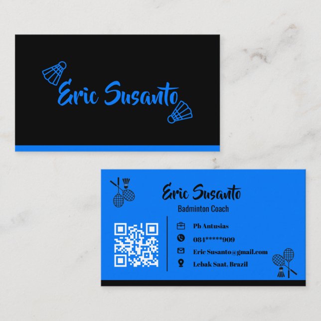 Minimalist sleek blue black bold electric QR Code Business Card (Front/Back)