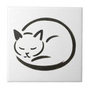 Minimalist Sleeping Cat – Ink Brush Design on Tile