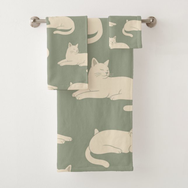 Minimalist Sleepy Cream Cats Pattern Summer Bath Towel Set (Insitu)
