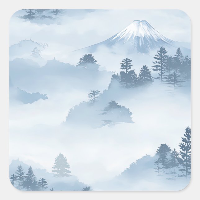 Minimalist Snow-Covered Mountains Blue White Square Sticker (Front)