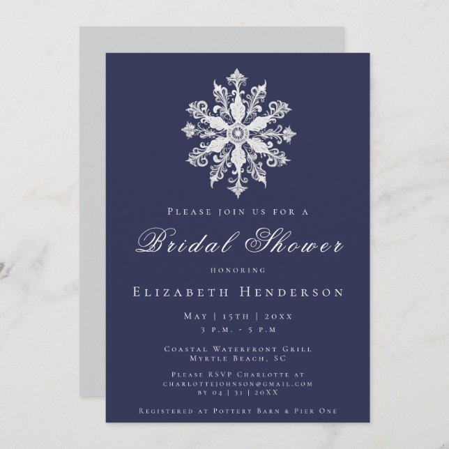 Minimalist Snowflake Bridal Shower | Navy Blue Invitation (Front/Back)