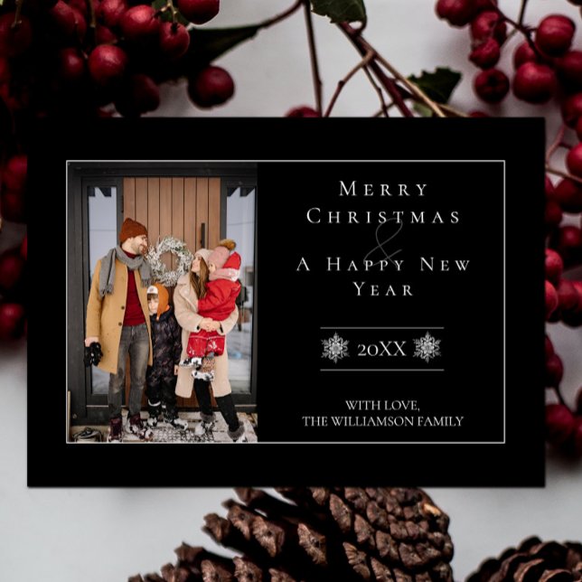 Minimalist Snowflake Christmas | Black Photo Card (Black Minimalist Snowflake Christmas Photo Card)