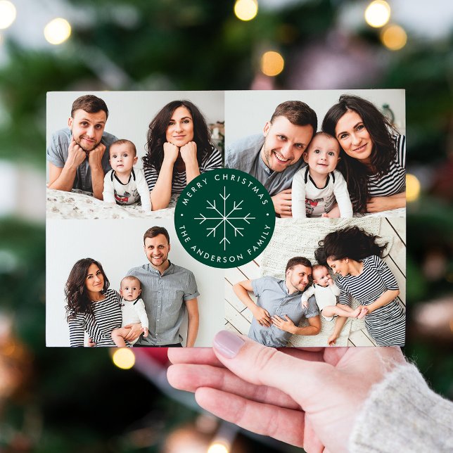 Minimalist Snowflake Green 4 Photo Collage Holiday Card (Creator Uploaded)