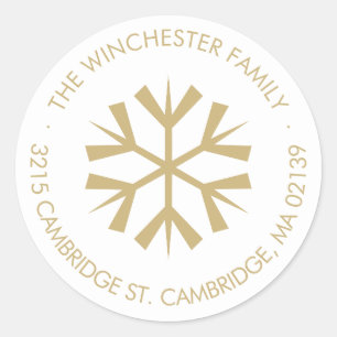 Minimalist snowflake holiday return address gold classic round sticker