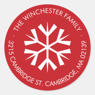 Minimalist snowflake holiday return address red classic round sticker
