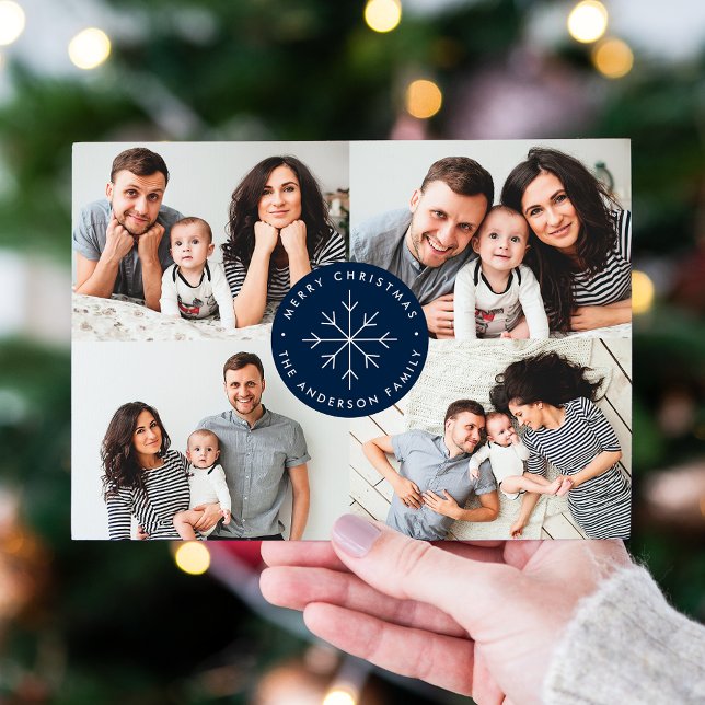 Minimalist Snowflake Navy 4 Photo Collage Holiday Card (Creator Uploaded)