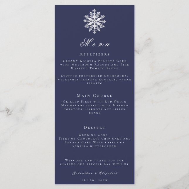 Minimalist Snowflake | Navy Blue Wedding Menu (Front)