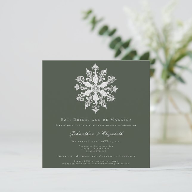 Minimalist Snowflake Rehearsal Dinner | Green Invitation (Standing Front)