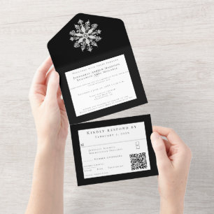 Minimalist Snowflake Wedding   Black All In One Invitation