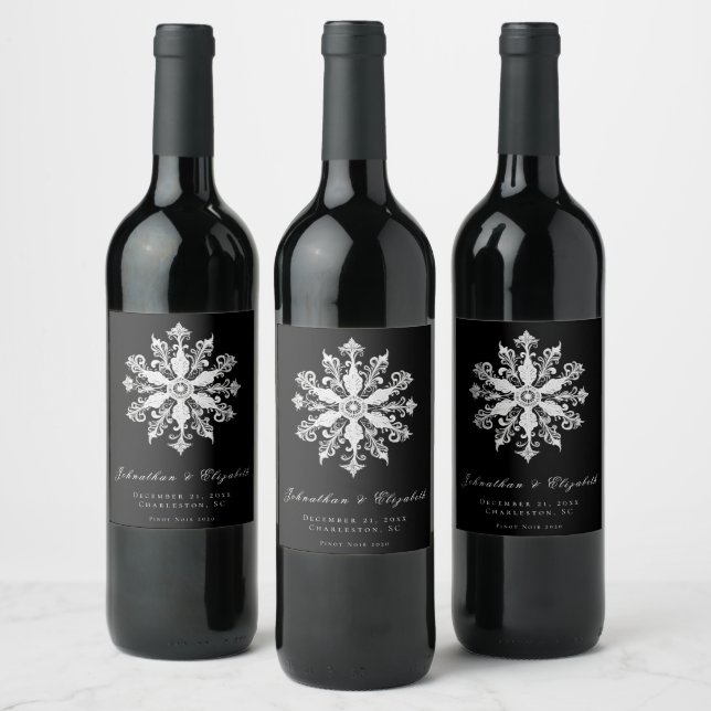 Minimalist Snowflake Wedding | Black Wine Label (Bottles)
