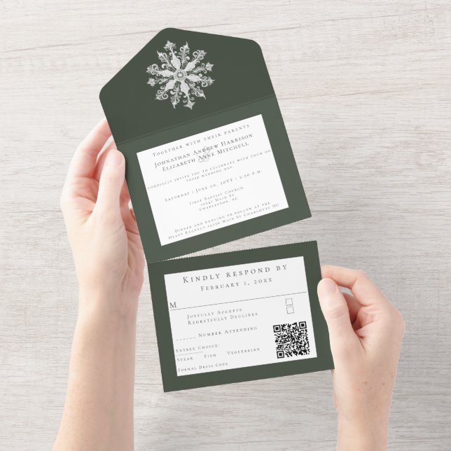 Minimalist Snowflake Wedding | Green All In One Invitation (Tearaway)