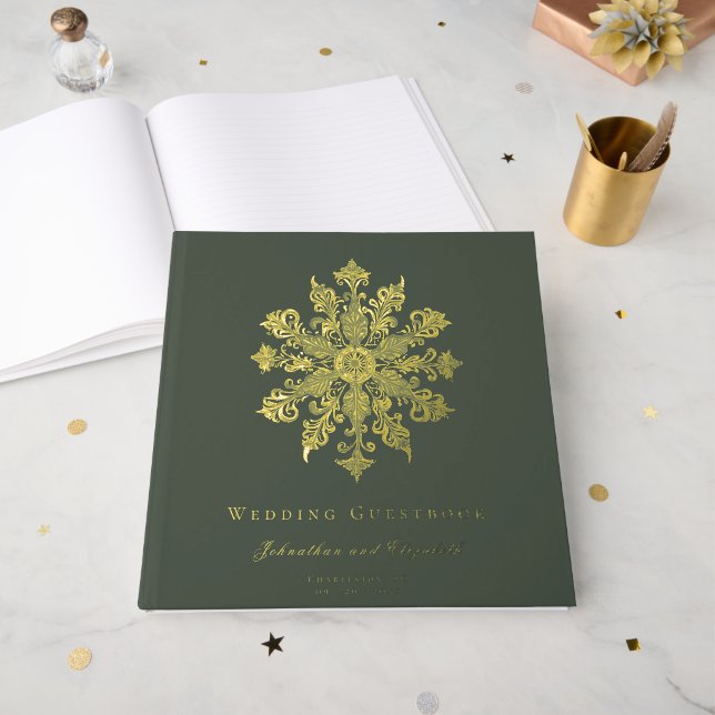 Minimalist Snowflake Wedding | Green Guest Book (Front Open)